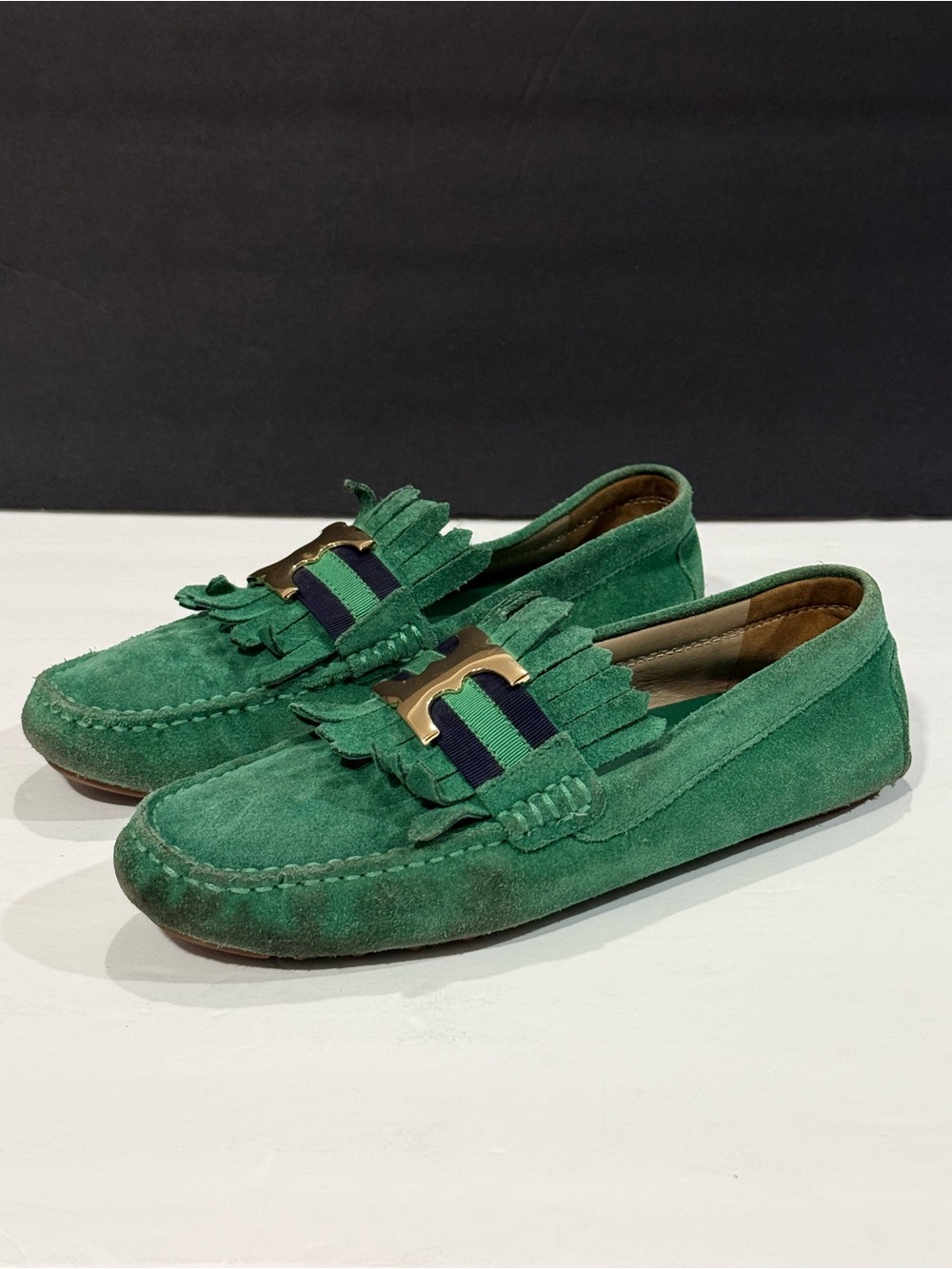 Tory Burch Green Suede Fringe Loafers for women’s, size 8M